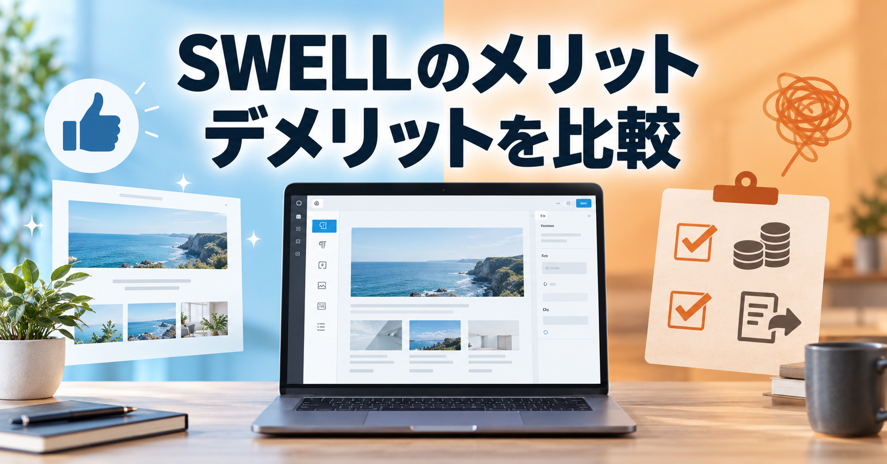 SWELLのメリットとデメリットを比べるイメージ