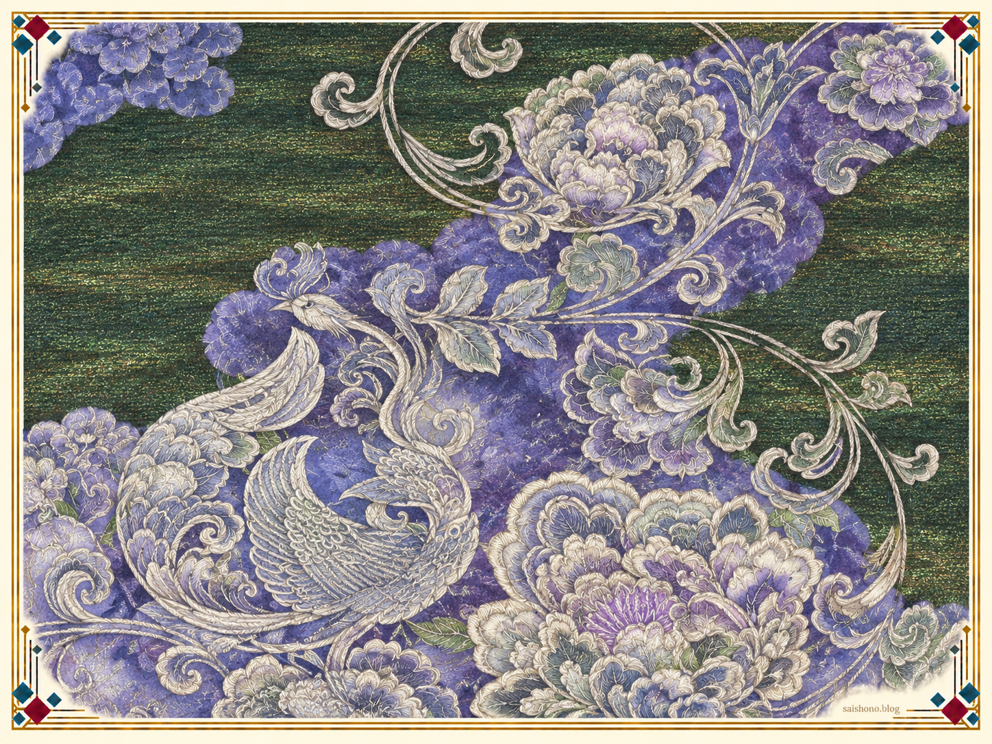 玉虫色の緑地と紫の雲取りに、銀糸の牡丹唐草と鳳凰を描いた帯文様の意匠図
