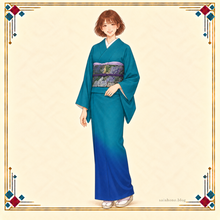 春担当の女性が、青い裾ぼかしの孔雀色の付下げに、紫の雲取りと銀糸の牡丹唐草・鳳凰の袋帯を合わせた春コーデ