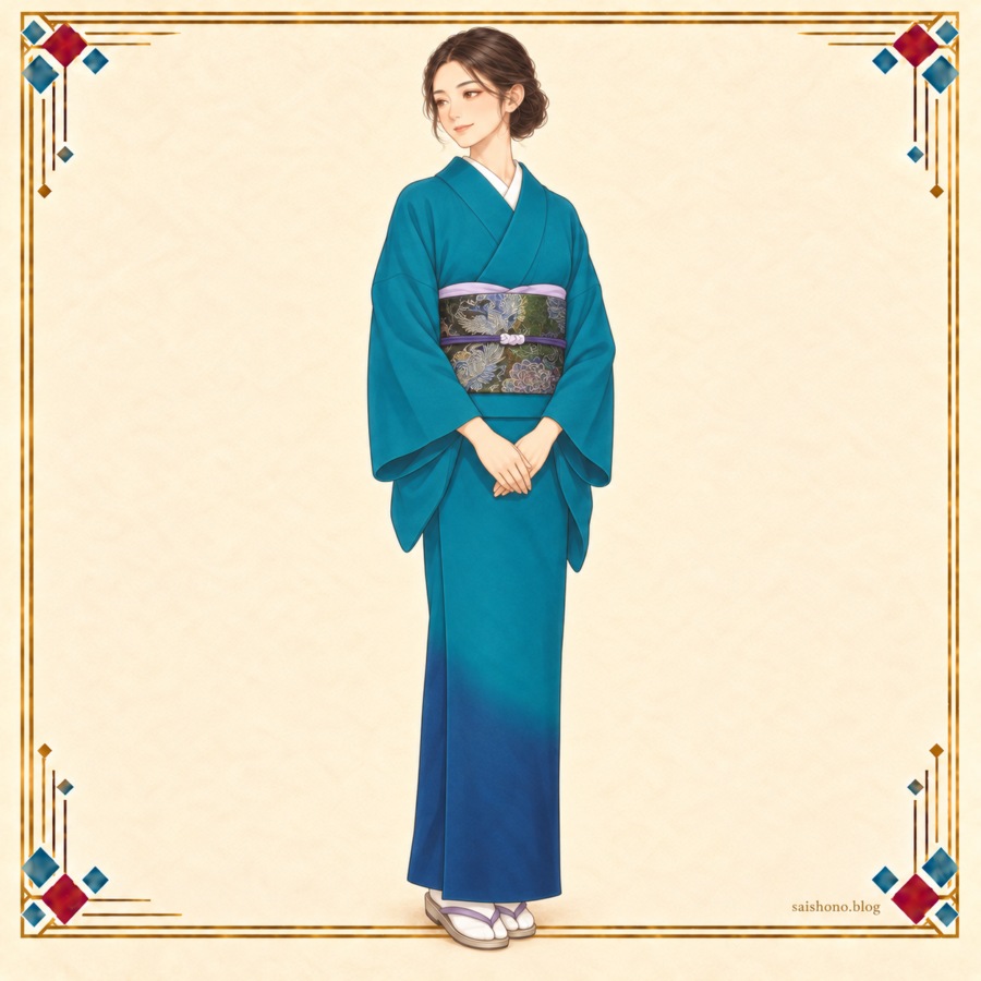 冬担当の女性が、青い裾ぼかしの孔雀色の付下げに、紫の雲取りと銀糸の鳳凰・牡丹唐草の袋帯を合わせた冬コーデ