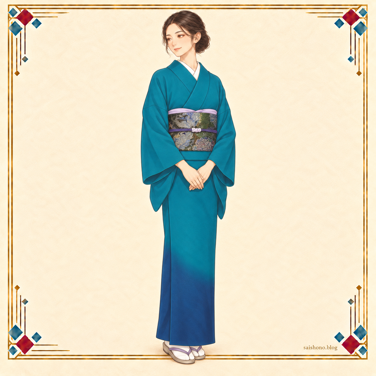 冬担当の女性が、青い裾ぼかしの孔雀色の付下げに、紫の雲取りと銀糸の鳳凰・牡丹唐草の袋帯を合わせた冬コーデ