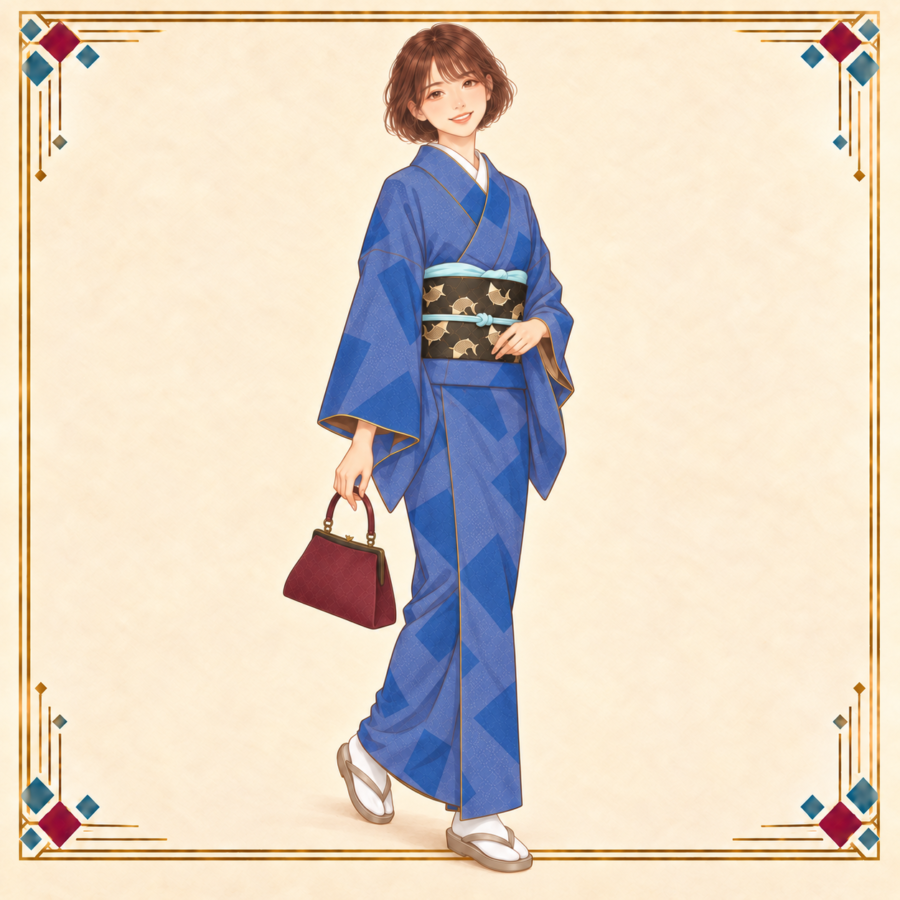 春担当の女性が青い江戸小紋と鯉の帯をまとい、右手にバッグを持って歩き出す荒磯コーデ