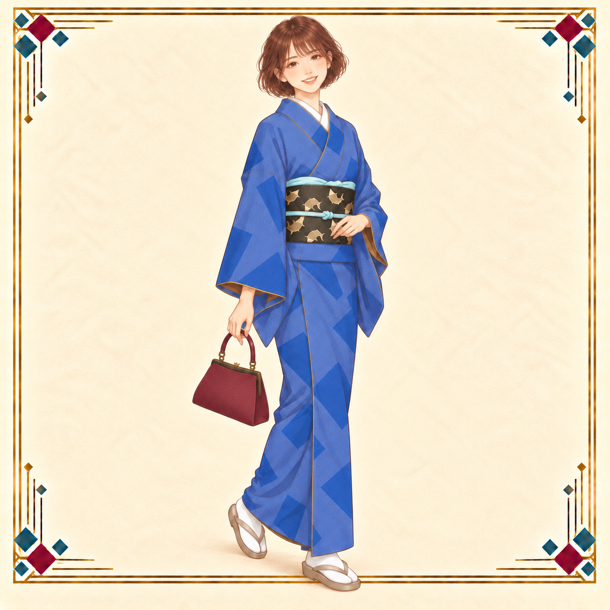 春担当の女性が青い江戸小紋と鯉の帯をまとい、右手にバッグを持って歩き出す荒磯コーデ