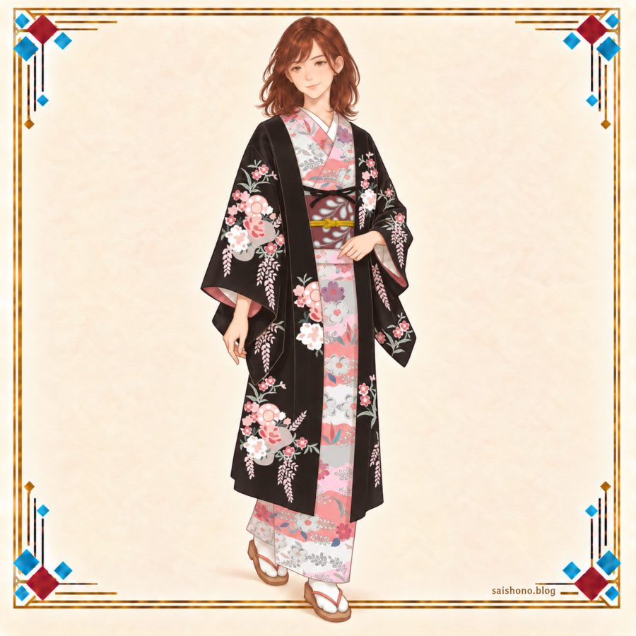 ピンク・グレー・白の横段の辻が花小紋に、紫茶の帯と黒地の花束柄の長羽織を重ねた秋担当の着物コーデ