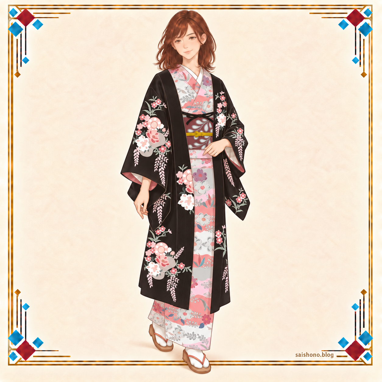 ピンク・グレー・白の横段の辻が花小紋に、紫茶の帯と黒地の花束柄の長羽織を重ねた秋担当の着物コーデ