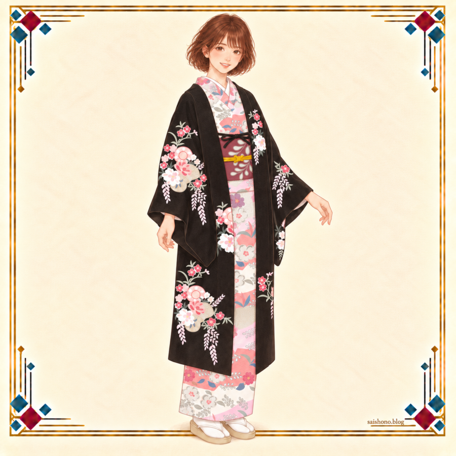 ピンク・グレー・白の横段の辻が花小紋に、紫茶の帯と黒地に桜や藤の花束を描いた長羽織を合わせた春の着物コーデ