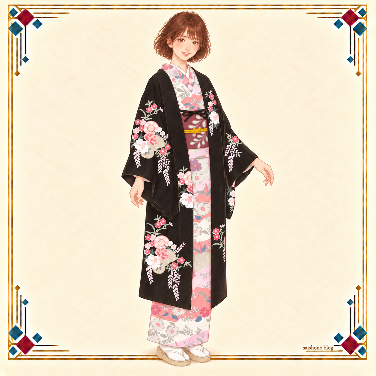 ピンク・グレー・白の横段の辻が花小紋に、紫茶の帯と黒地に桜や藤の花束を描いた長羽織を合わせた春の着物コーデ