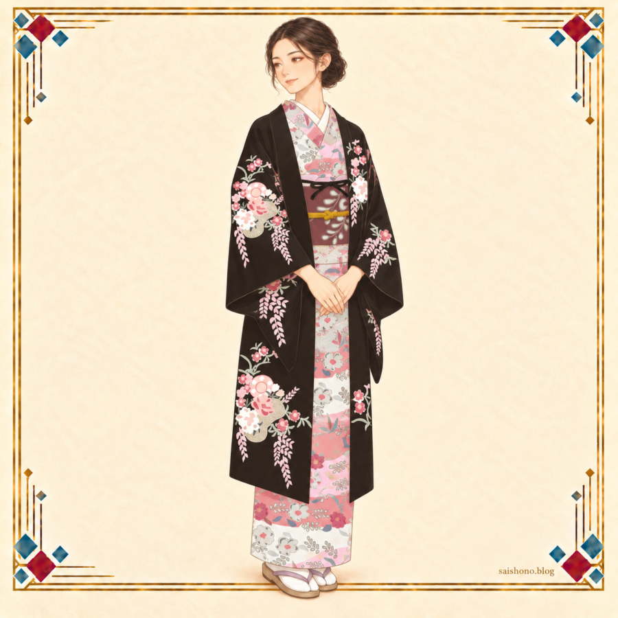 ピンク・グレー・白の横段の辻が花小紋に、紫茶の帯と黒地の花束柄の長羽織を重ねた冬担当の着物コーデ