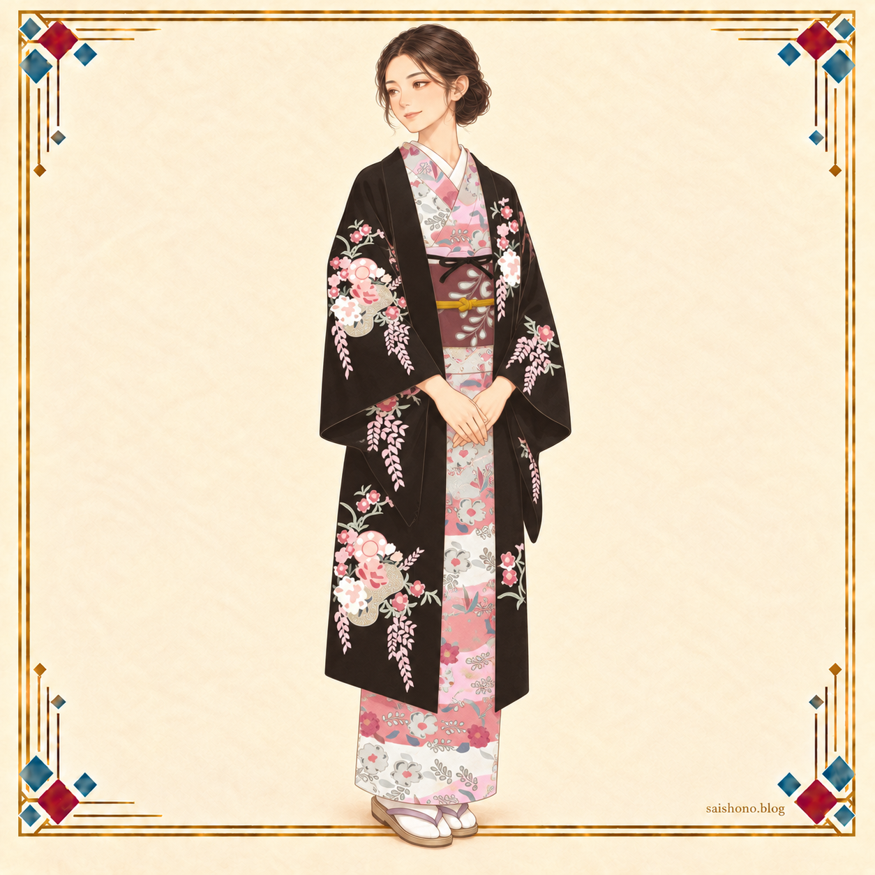 ピンク・グレー・白の横段の辻が花小紋に、紫茶の帯と黒地の花束柄の長羽織を重ねた冬担当の着物コーデ
