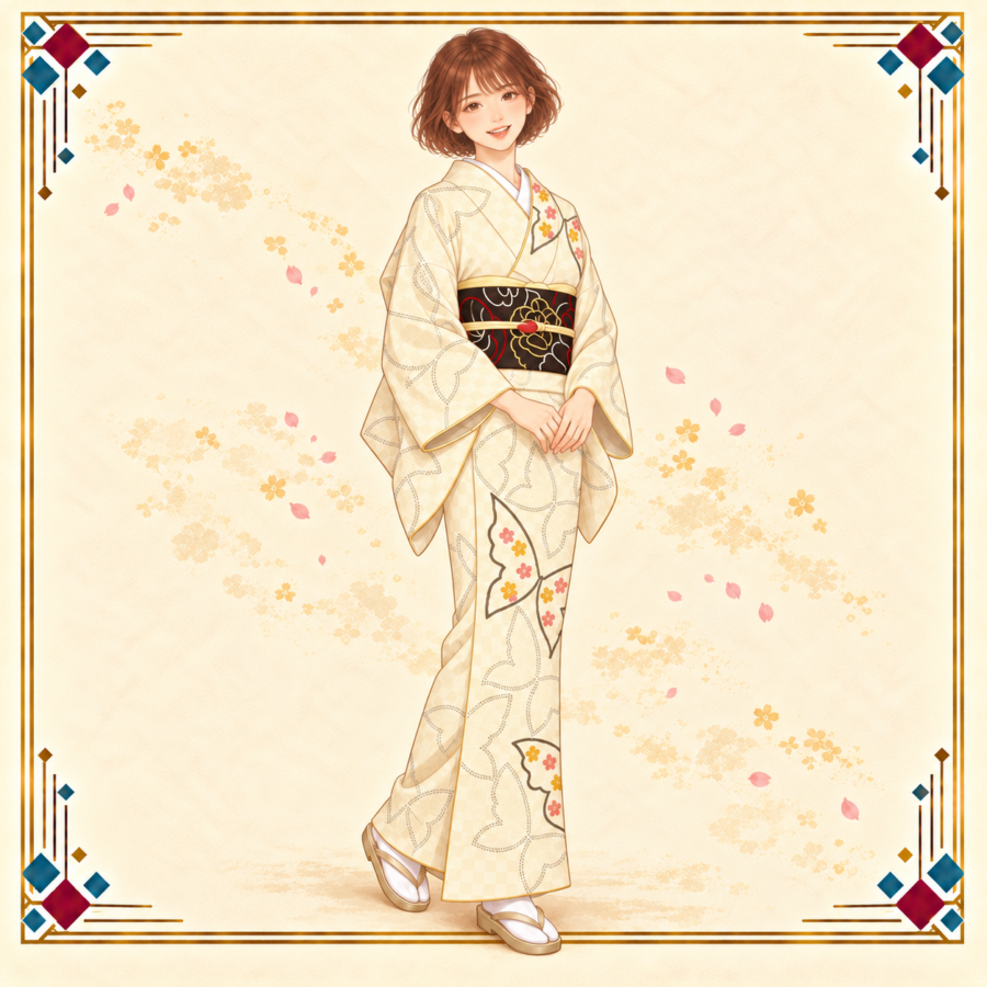 春担当の女性が薄クリーム色の蝶文の訪問着と黒い花柄の袋帯をまとい、両手を自然に重ねた春コーデ