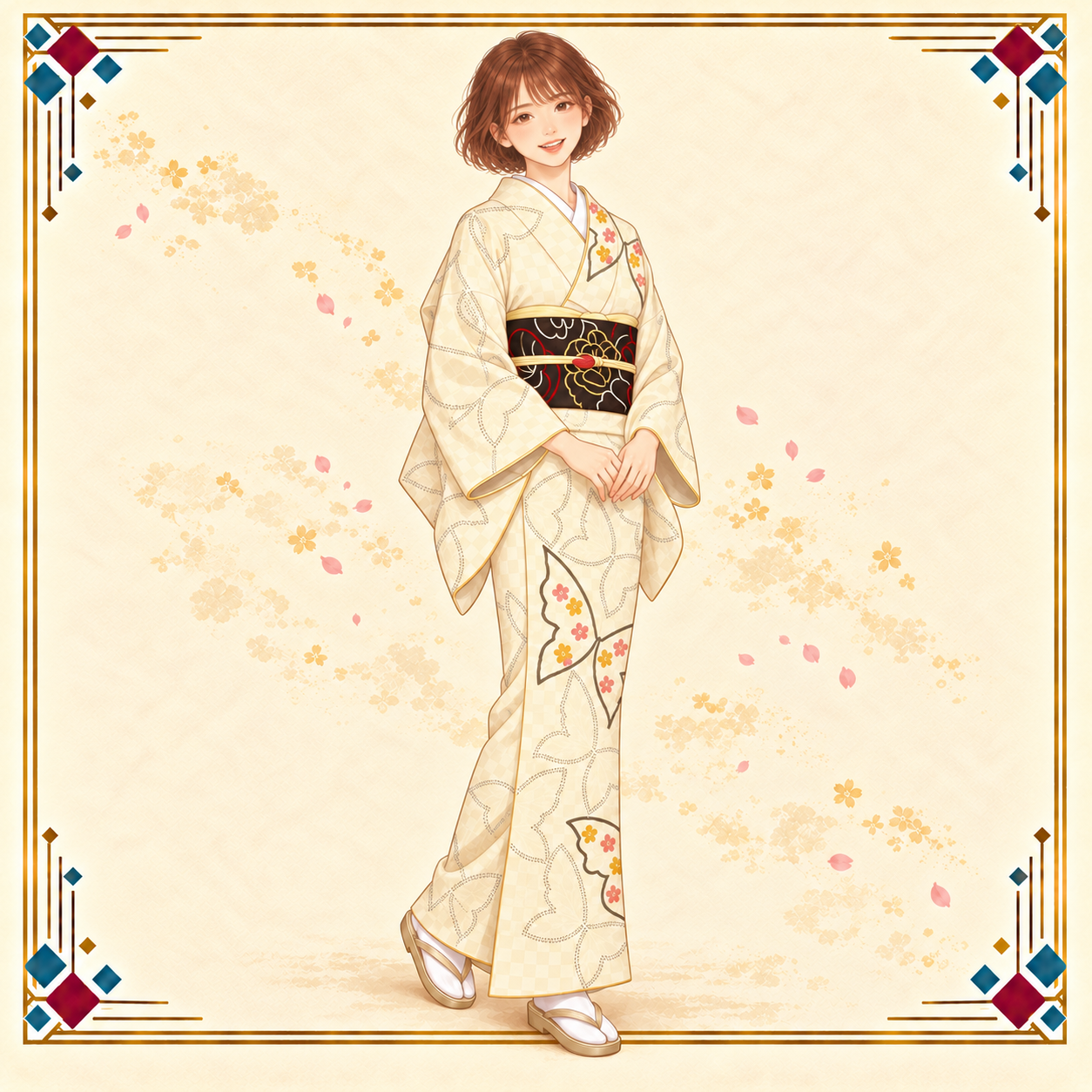 春担当の女性が薄クリーム色の蝶文の訪問着と黒い花柄の袋帯をまとい、両手を自然に重ねた春コーデ