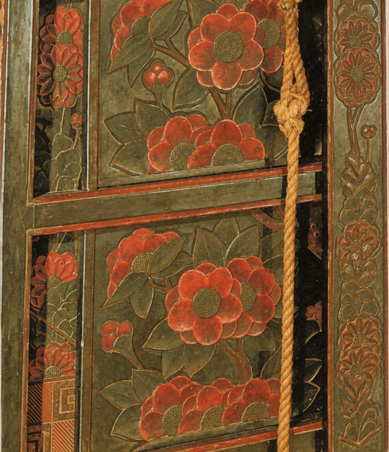 赤い椿の花と緑の葉を彫った椿彫木彩漆笈の扉、木の区画と右側の縄