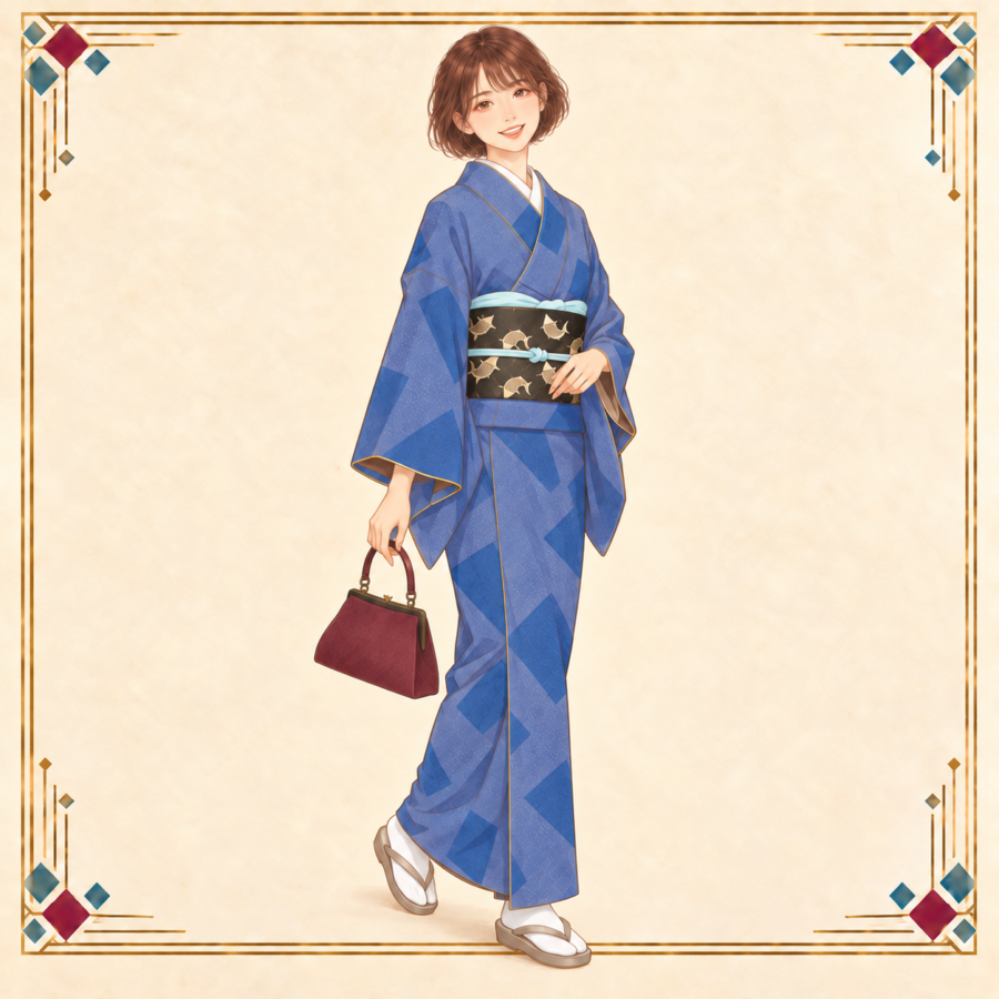 春担当の女性が青い江戸小紋と鯉の帯をまとい、バッグを片手に歩き出す荒磯コーデ