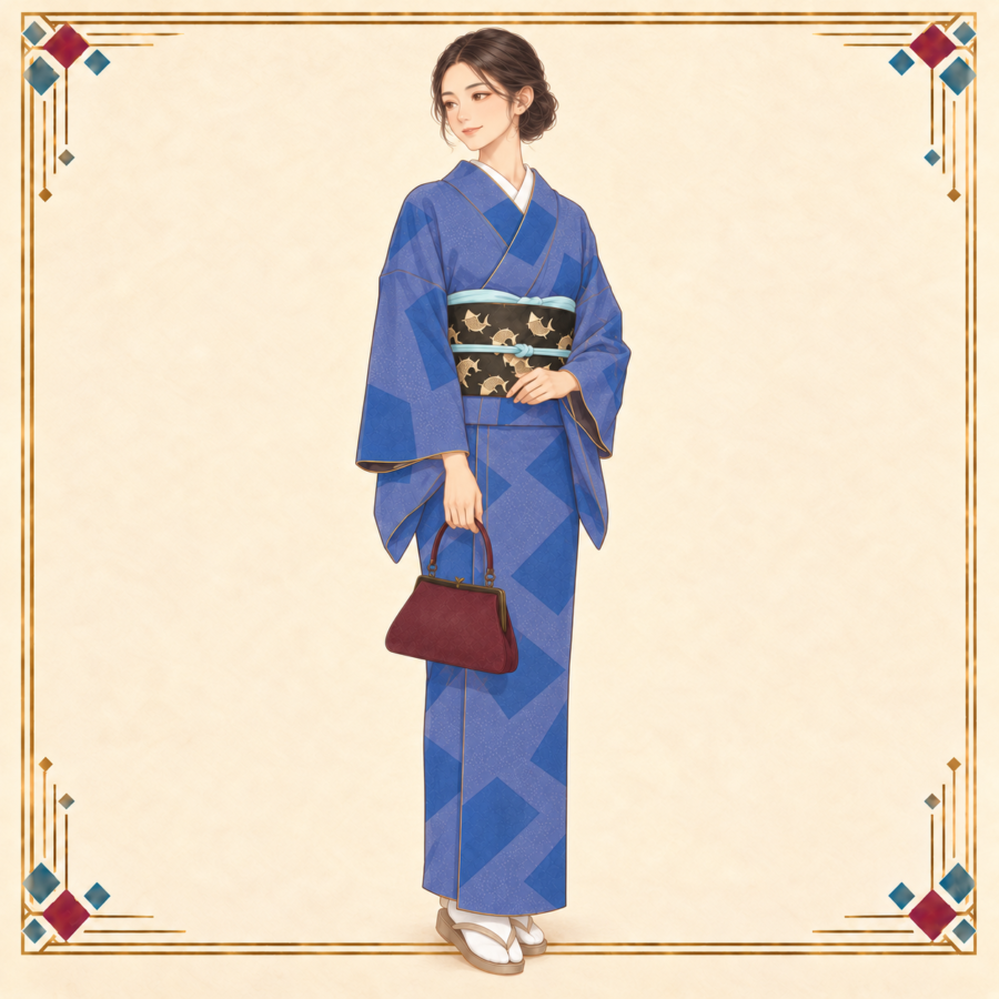 冬担当の女性が青い江戸小紋と鯉の帯をまとい、バッグを片手に穏やかに立つ荒磯コーデ