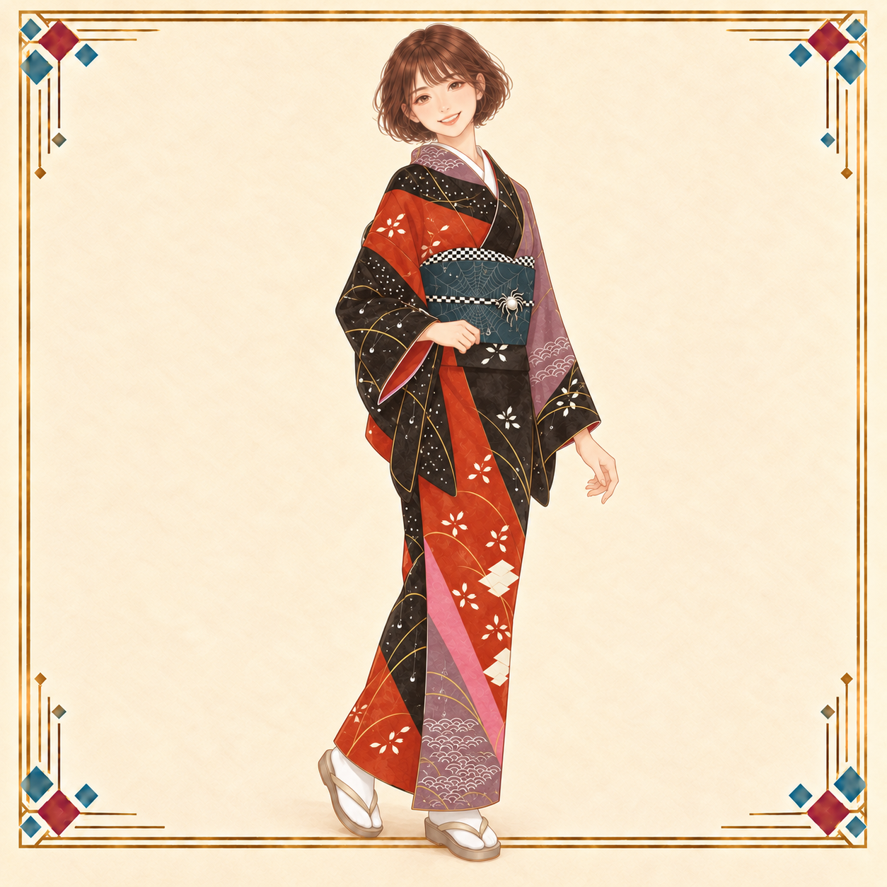 春担当の女性が松皮菱と露芝の着物に蜘蛛文の帯を合わせ、微笑んで歩き出すコーデ