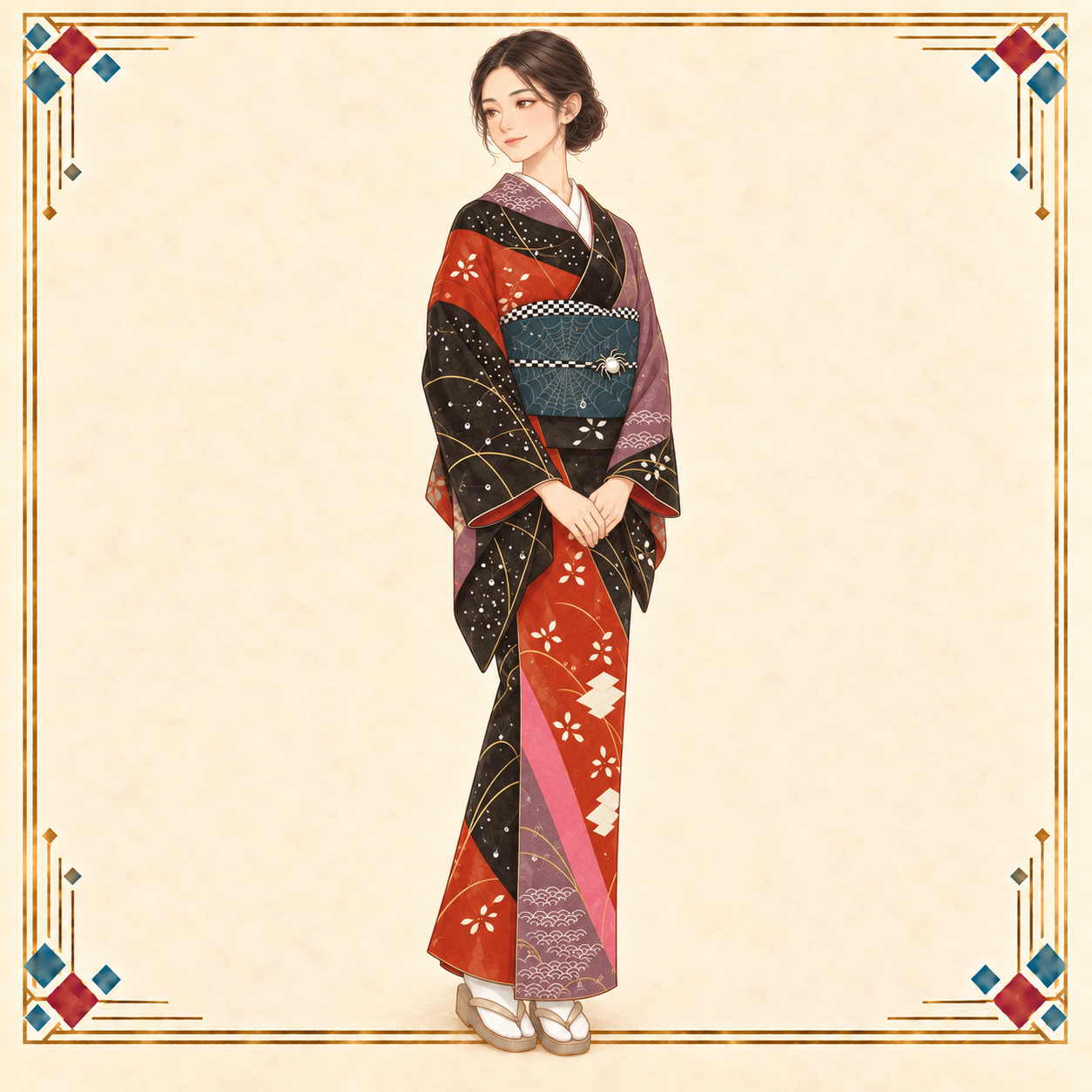 冬担当の女性が松皮菱と露芝の着物に蜘蛛文の帯を合わせ、両手を低い位置で重ねて穏やかに立つコーデ