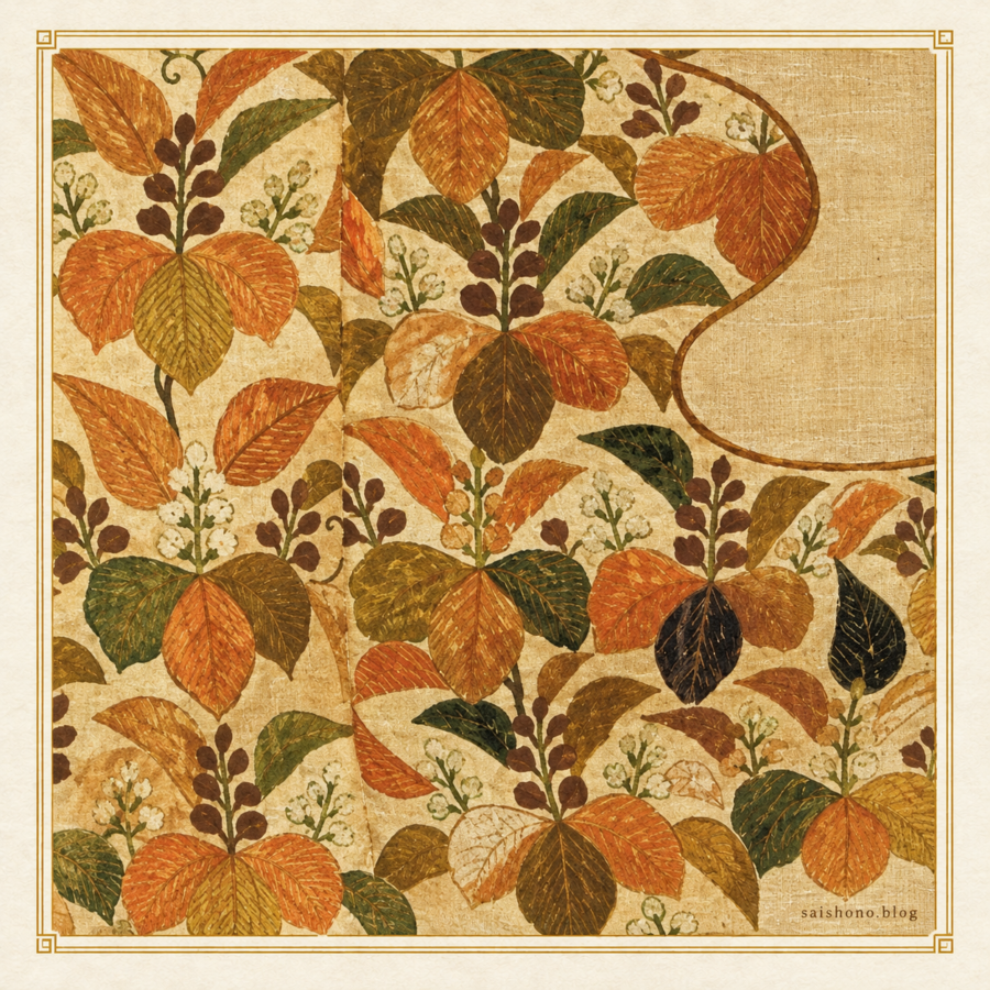 金茶色の地に赤褐色や深緑の大きな桐の葉、曲線を描く蔓、小さな白い草花を重ねた春草と桐唐草の意匠図