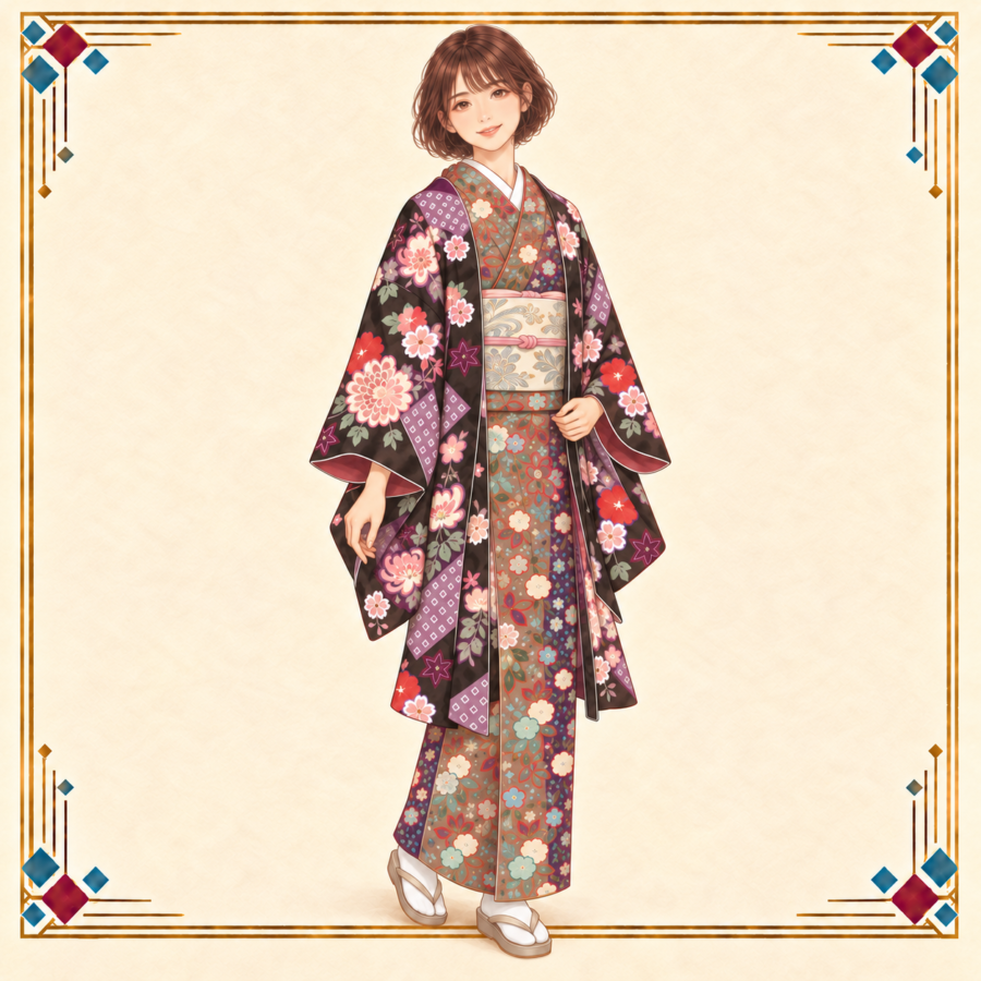 春担当の女性が辻が花の着物と白銀の帯に、紫の疋田と菊桜の黒い羽織を重ねる春コーデ