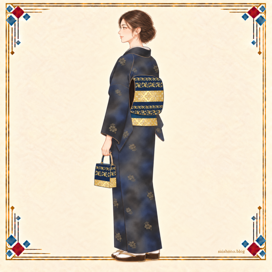 紺と黒のもやぼかしに小さな唐花を散らした印傳の小紋と、紺と淡い金色の花唐草の袋帯を合わせた冬の着物コーデ