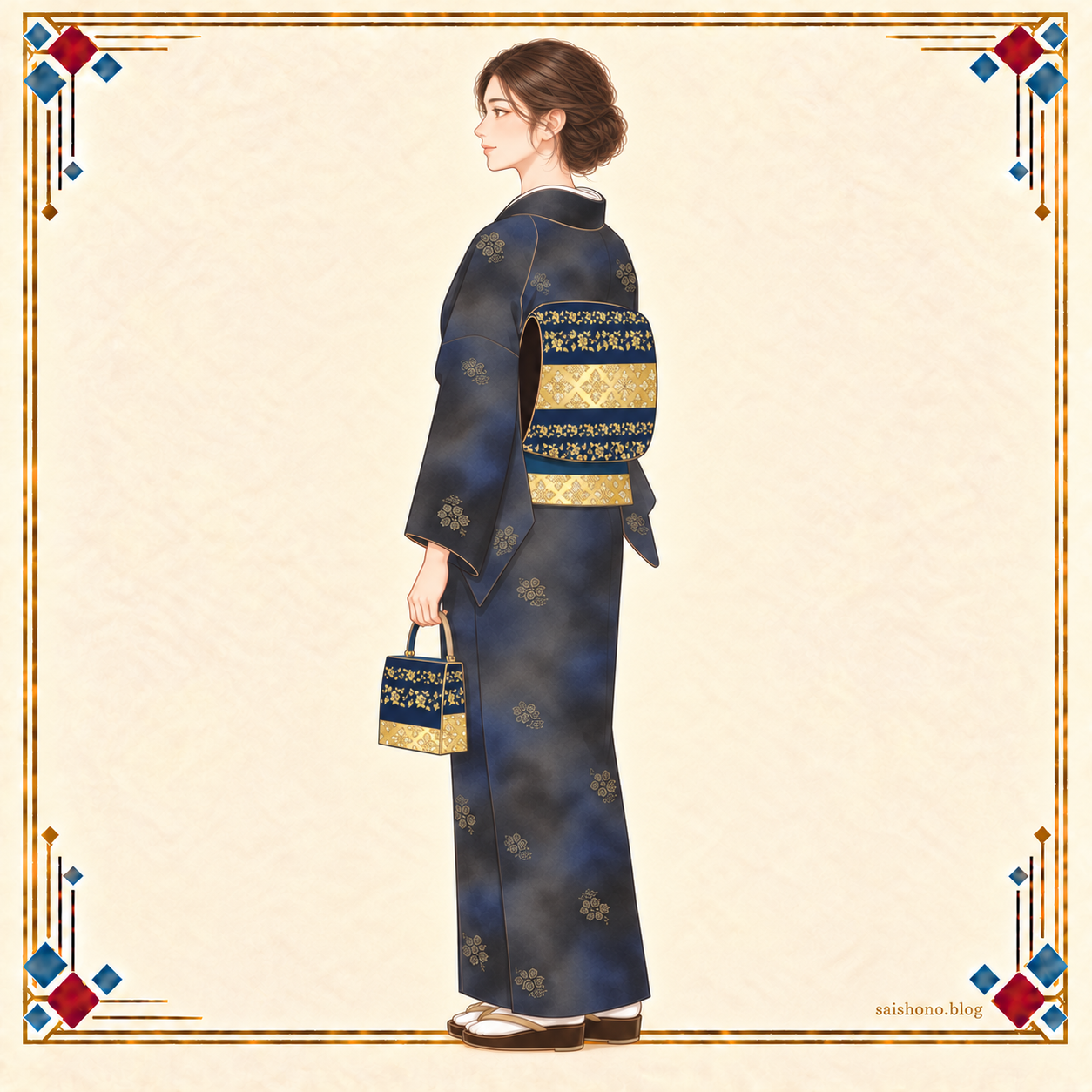 紺と黒のもやぼかしに小さな唐花を散らした印傳の小紋と、紺と淡い金色の花唐草の袋帯を合わせた冬の着物コーデ