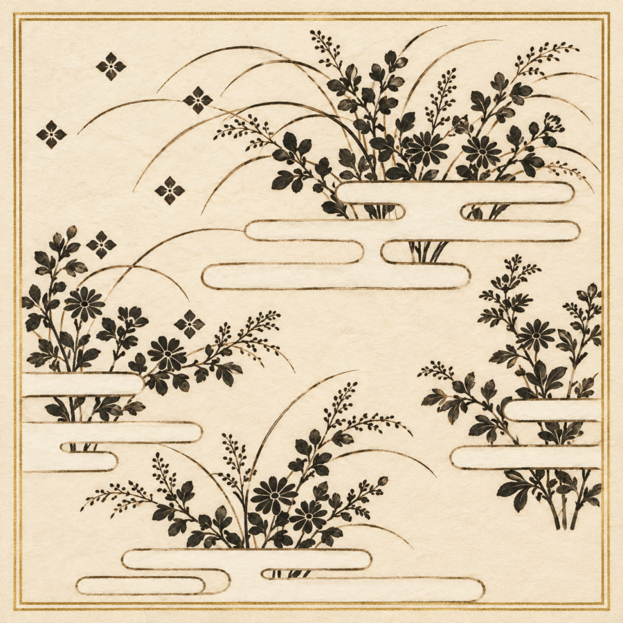 細い輪郭の霞と黒い秋草、花菱を組み合わせた縫箔の図案