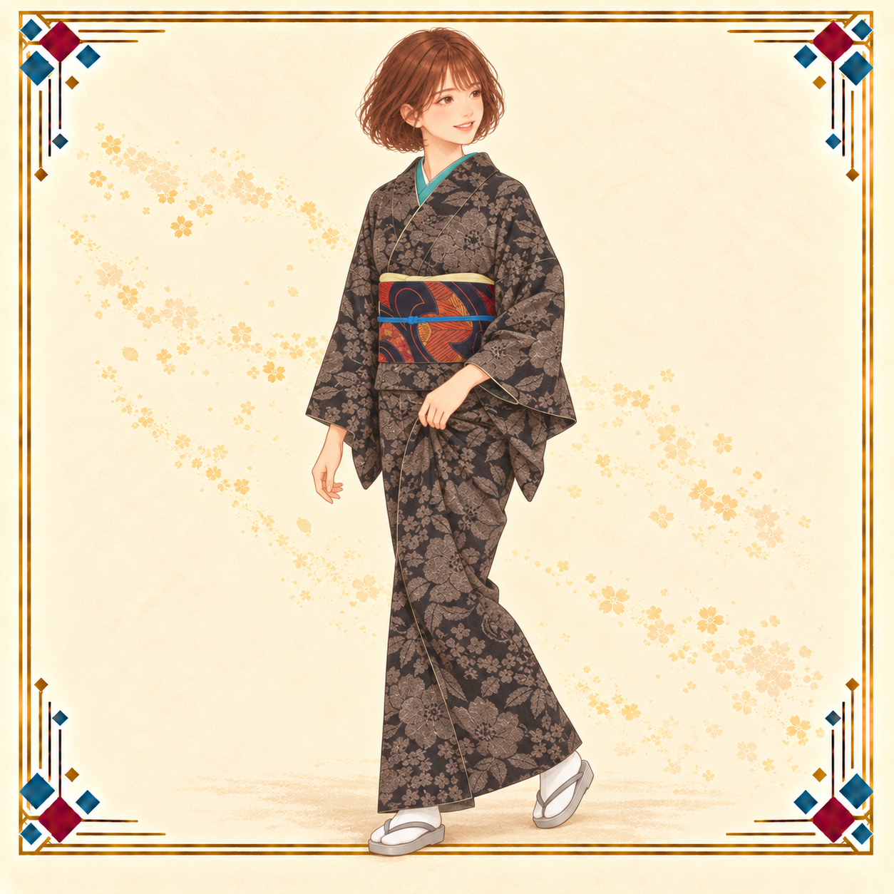 春担当の女性が黒と茶の椿・菜の花の紬に、赤い幾何学模様の袋帯を合わせた春の着物コーデ