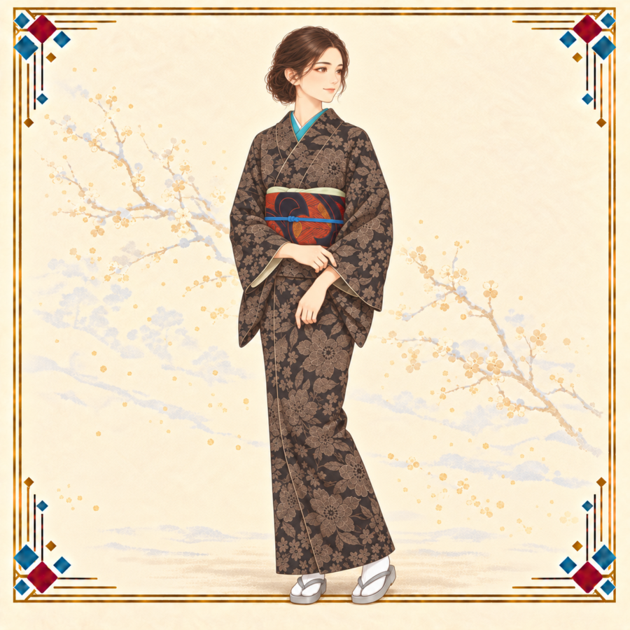 冬担当の女性が黒と茶の山茶花・椿のような花柄の紬に赤い幾何学模様の袋帯を合わせ、袖口を整える冬の着物コーデ