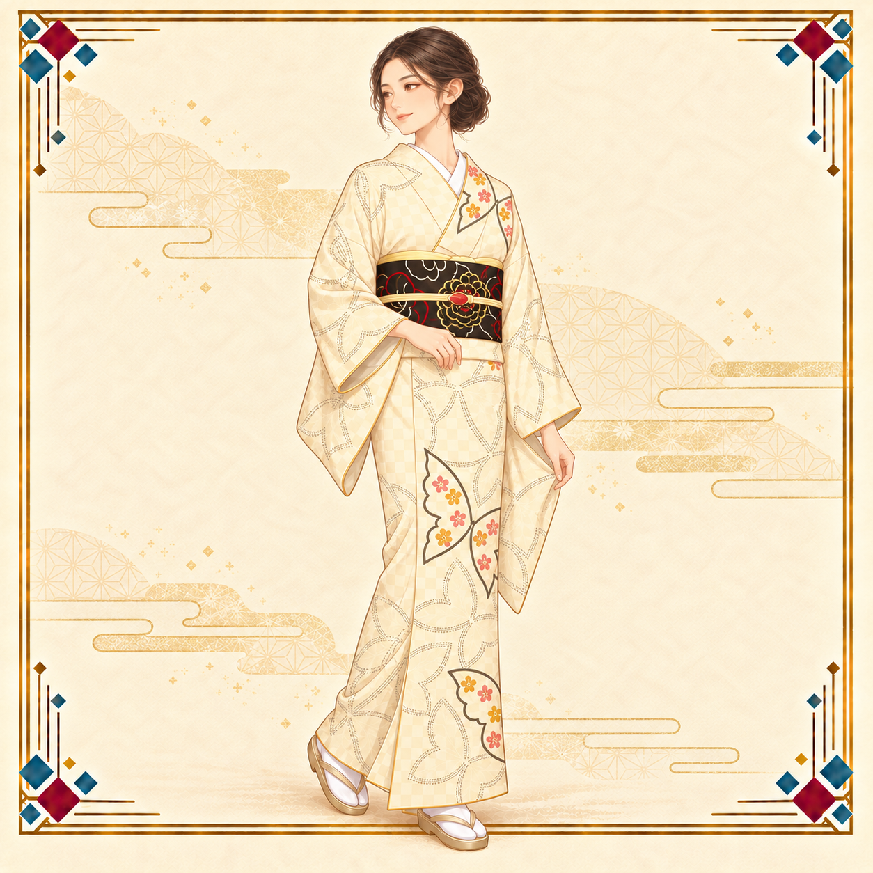 冬担当の女性が薄クリーム色の蝶文と市松の訪問着に、黒い花柄の袋帯を合わせた冬コーデ