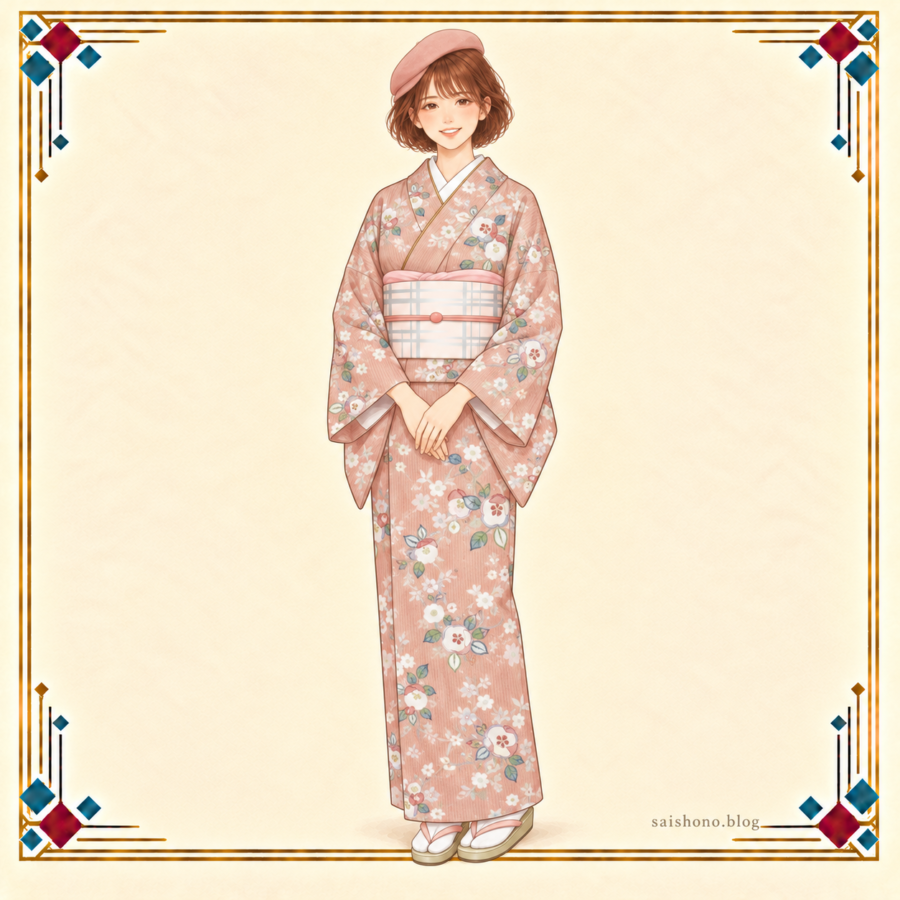 サーモンピンクの椿や桜の小紋に、淡いピンクと銀格子の袋帯、小ぶりな斜めのベレー帽を合わせた春コーデ