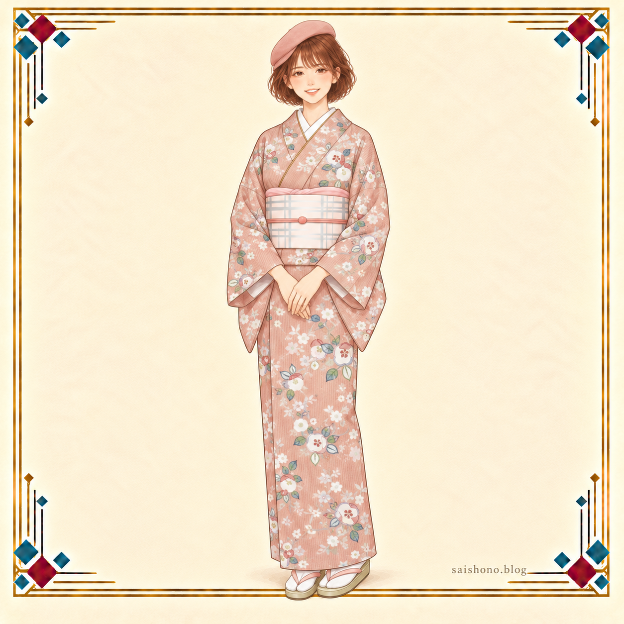 サーモンピンクの椿や桜の小紋に、淡いピンクと銀格子の袋帯、小ぶりな斜めのベレー帽を合わせた春コーデ