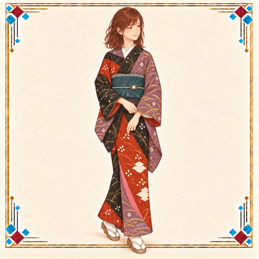 秋担当の女性が松皮菱と露芝の着物と蜘蛛の巣の帯をまとい、袖を軽く整える秋コーデ