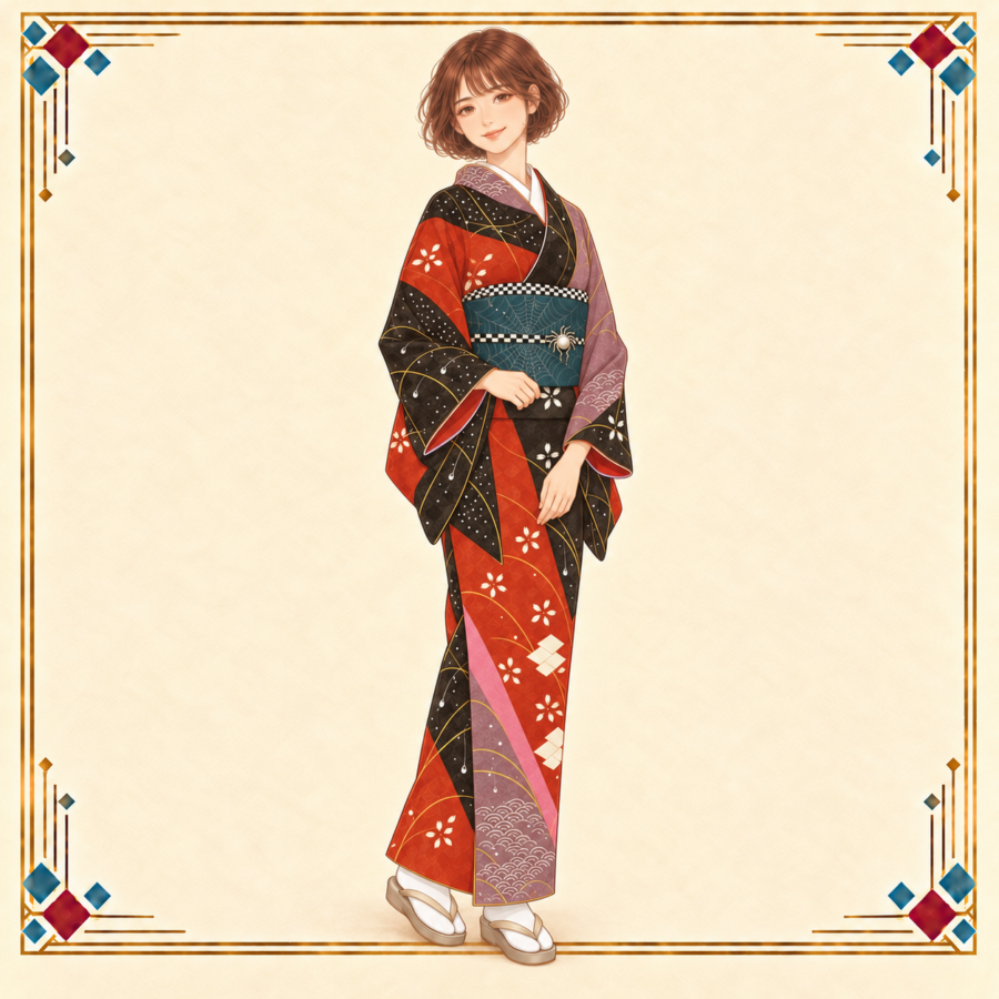 春担当の女性が松皮菱と露芝の着物に蜘蛛の巣の帯を合わせ、袖を軽く整える春コーデ