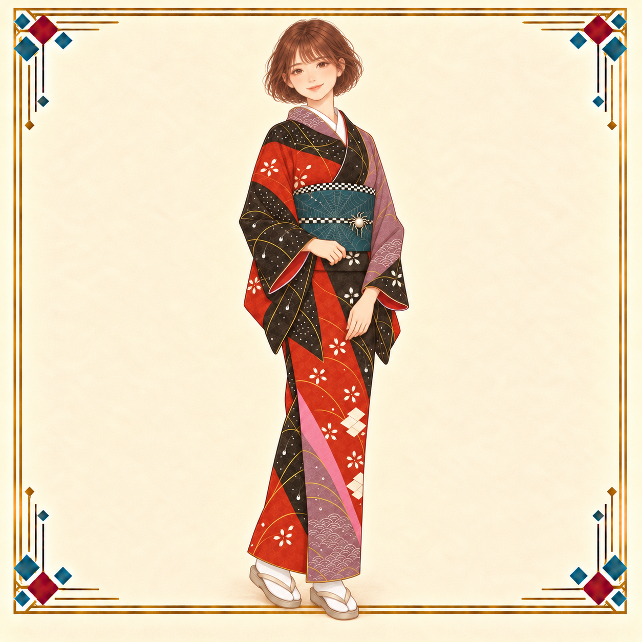 春担当の女性が松皮菱と露芝の着物に蜘蛛の巣の帯を合わせ、袖を軽く整える春コーデ