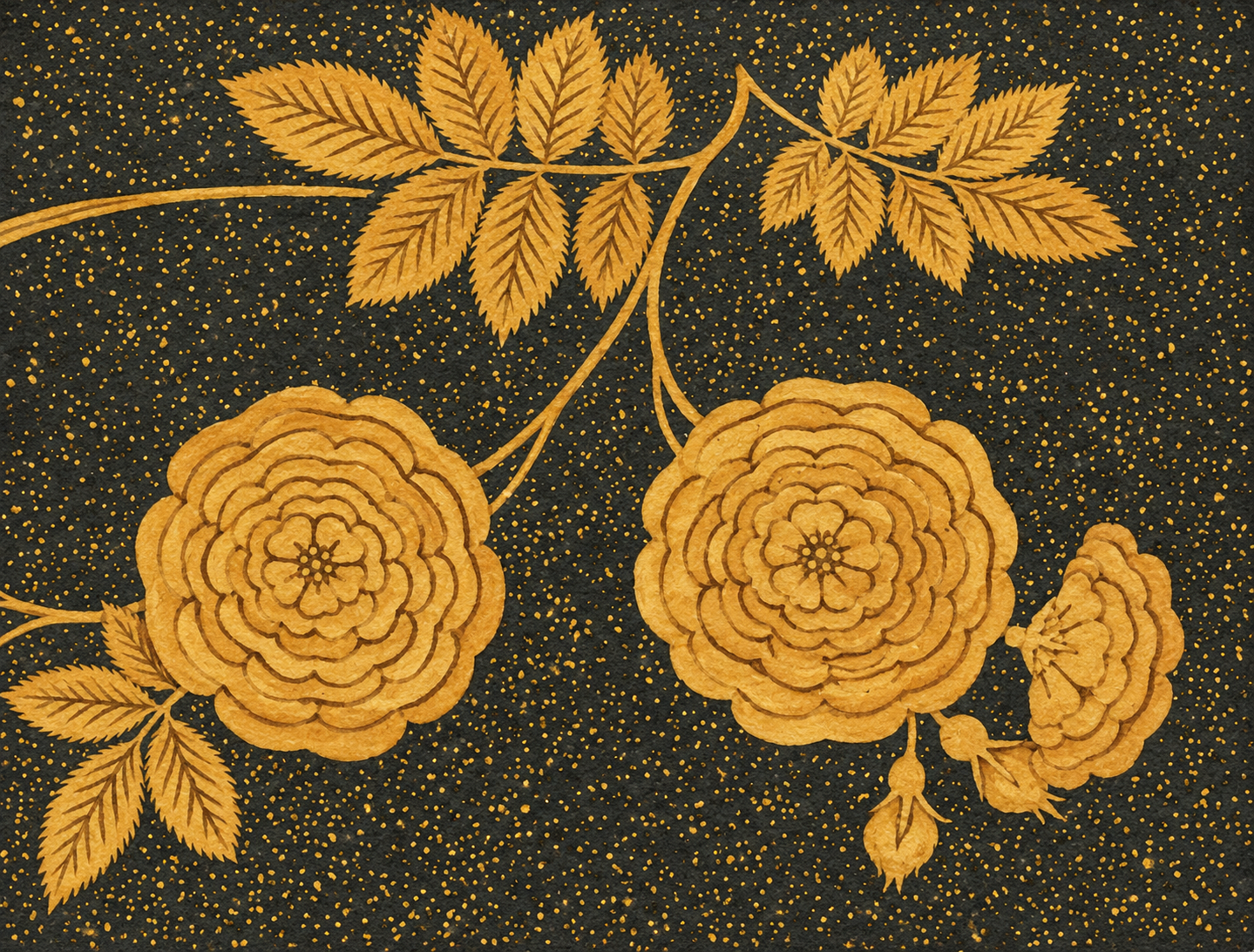 金色の八重の薔薇と葉を配した蒔絵の意匠