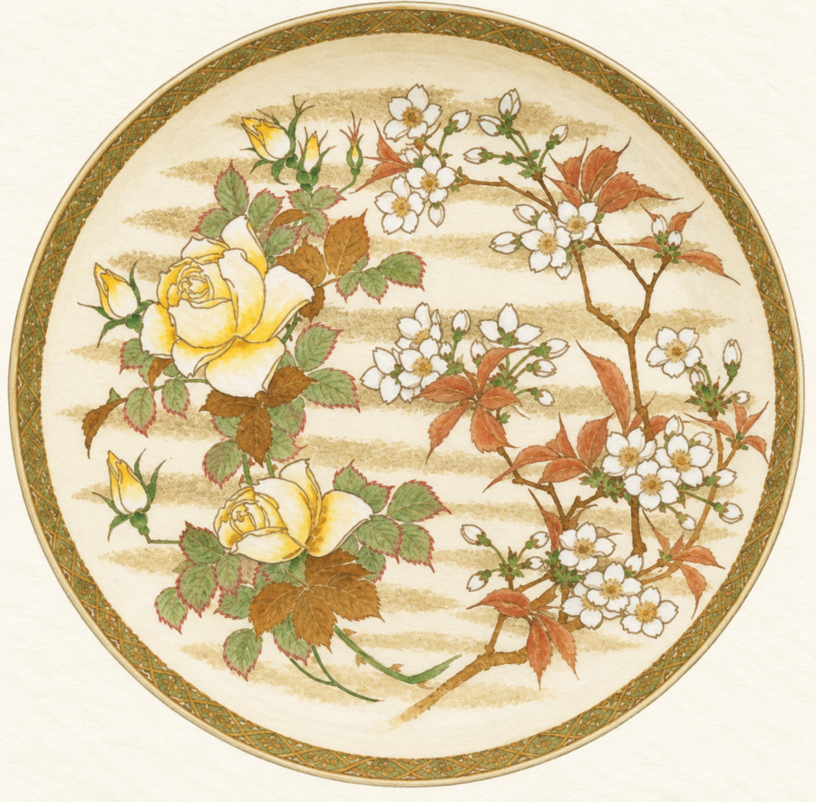 黄色い薔薇と白い桜の花を描いた大盤の意匠