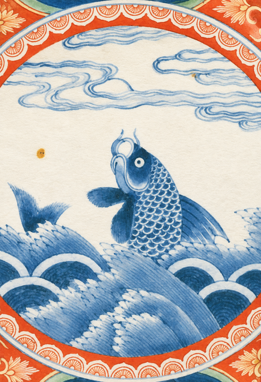 藍色の鯉と波、朱色の縁飾りを描いた色絵荒磯文鉢の文様