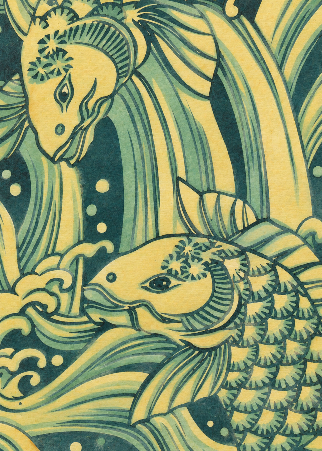 青緑の流れと淡い金色の鯉を描いた昇鯉文
