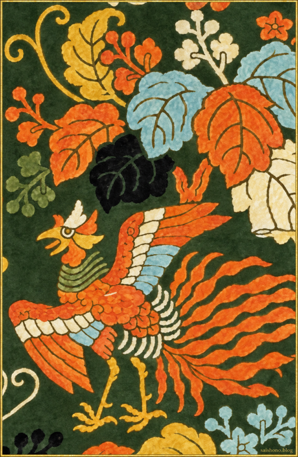 深緑の地に朱色の鳳凰と黄・浅葱・橙色の桐の葉を描いた唐織の意匠図