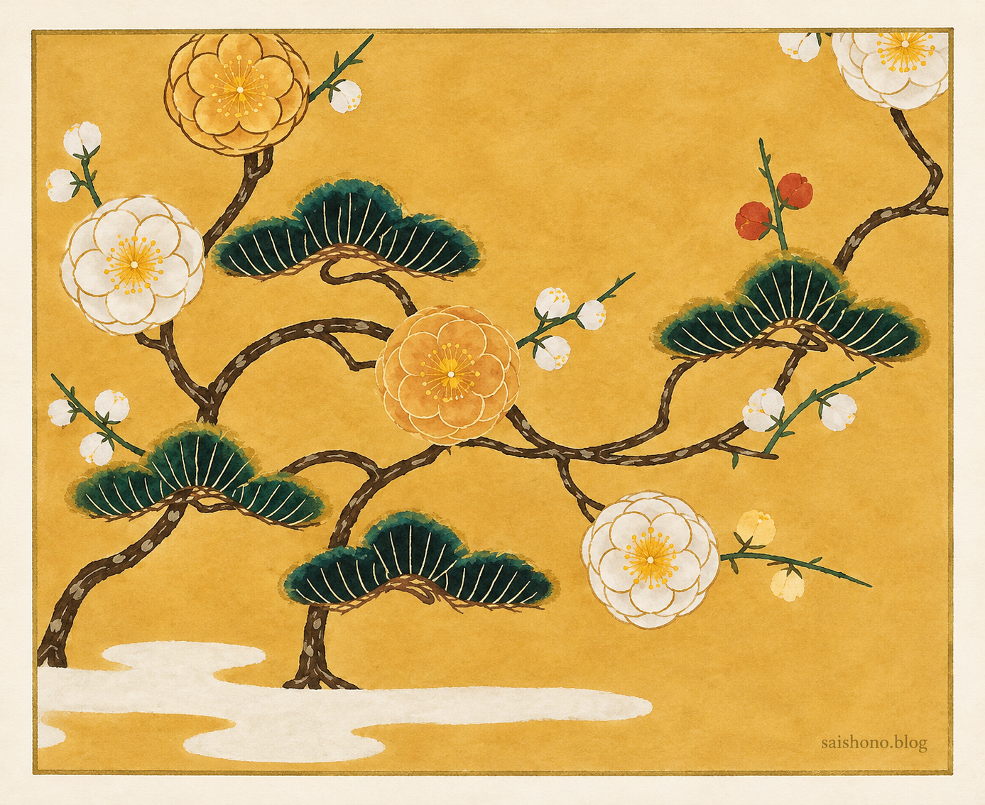 金茶色の地に深緑の松と白・黄の梅の花、霞を描いた松梅文様の意匠図