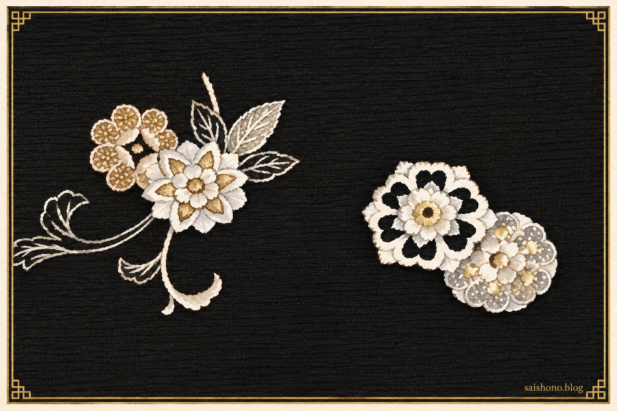 漆黒の絽地に白と淡金の華文・唐花の刺繍を配した生地図