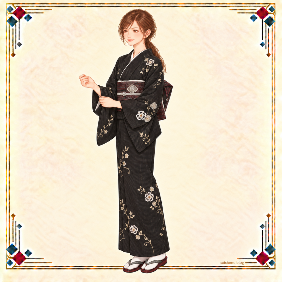 漆黒の華文・唐花の絽小紋に赤黒と銀の花菱帯を合わせ、袖口を整える夏担当の全身コーデ
