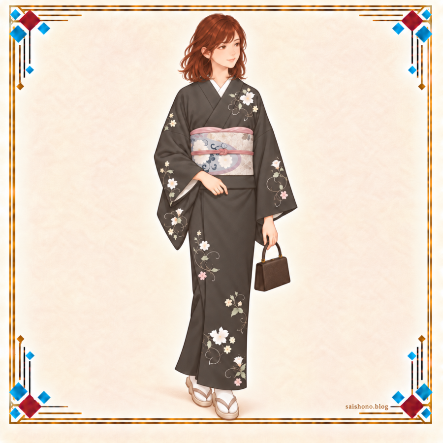 煤竹色の四季花の飛び柄小紋に、白銀の菊唐草と木立ちの袋帯を合わせた秋の全身コーデ