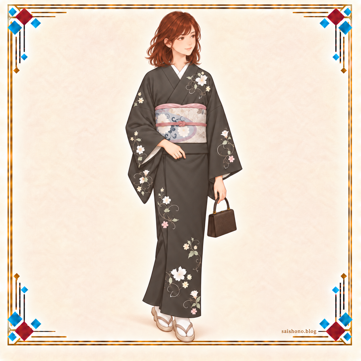 煤竹色の四季花の飛び柄小紋に、白銀の菊唐草と木立ちの袋帯を合わせた秋の全身コーデ