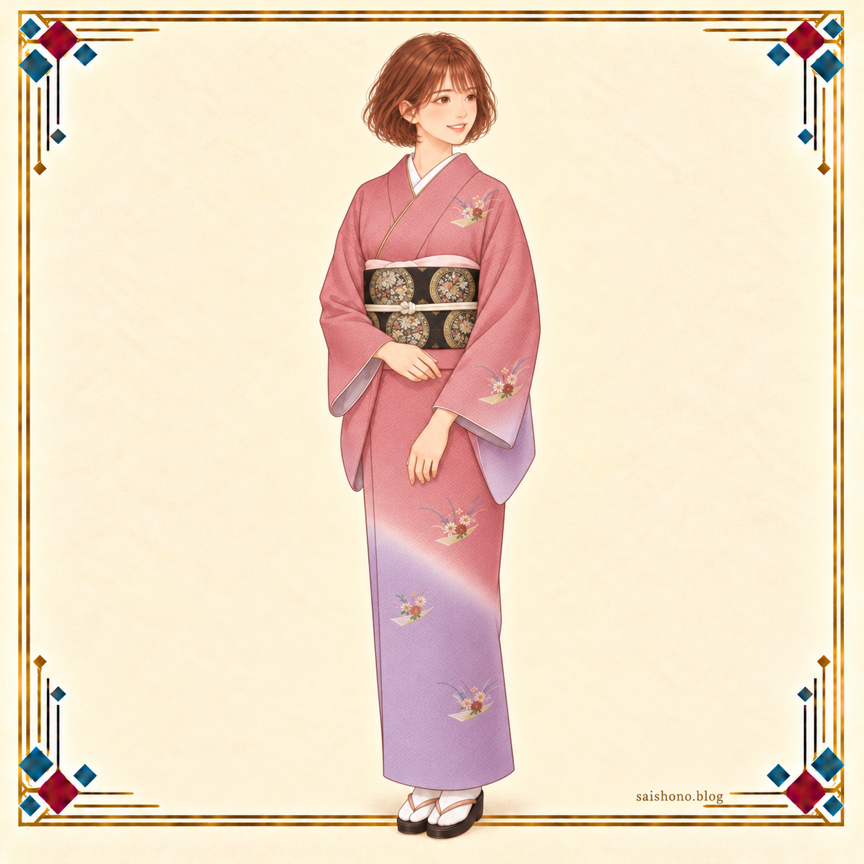 ピンクと薄紫の紗綾形綸子に小菊と小舟を刺繍し、黒地の袋帯を合わせた春の全身コーデ