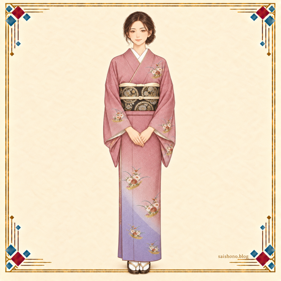 ピンクと薄紫の紗綾形綸子に小菊と小舟の刺繍を配し、黒地に金銀の袋帯を合わせた冬の全身コーデ