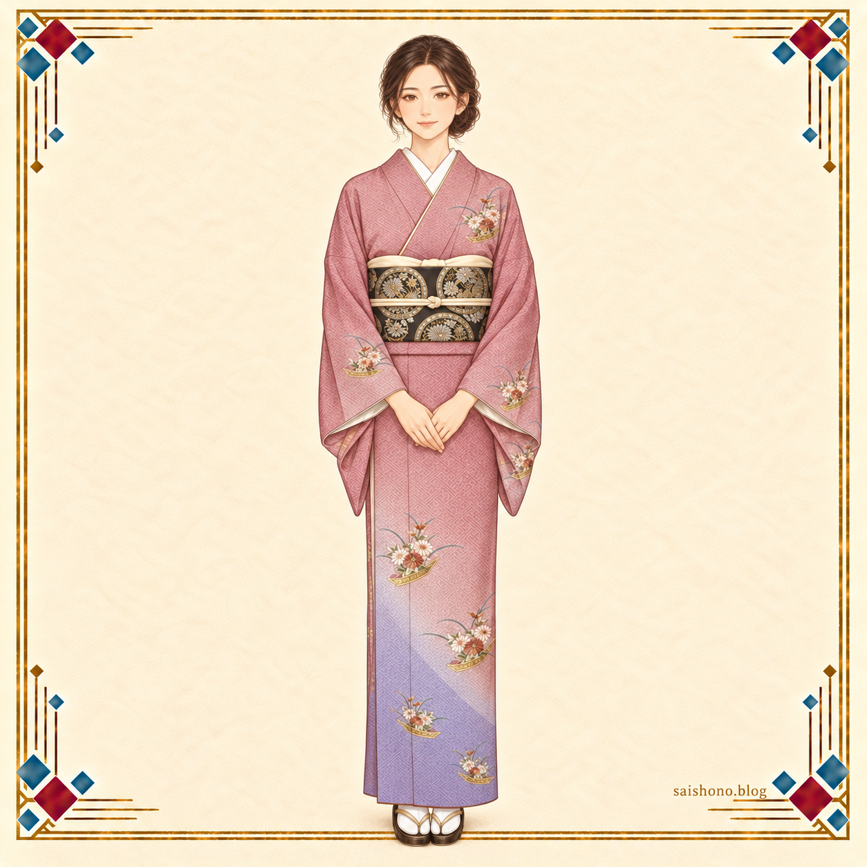ピンクと薄紫の紗綾形綸子に小菊と小舟の刺繍を配し、黒地に金銀の袋帯を合わせた冬の全身コーデ