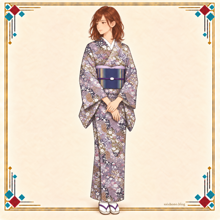 黒・茶・グレーの辻が花小紋に紫の縞帯を合わせ、画面左へ穏やかに視線を向けて両手を低く重ねる秋担当のコーデ