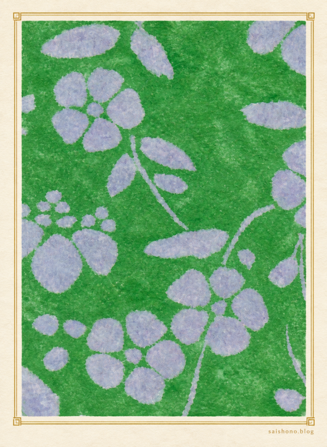 緑の地に、淡い青紫の花と葉を柔らかな輪郭で表した辻が花の意匠
