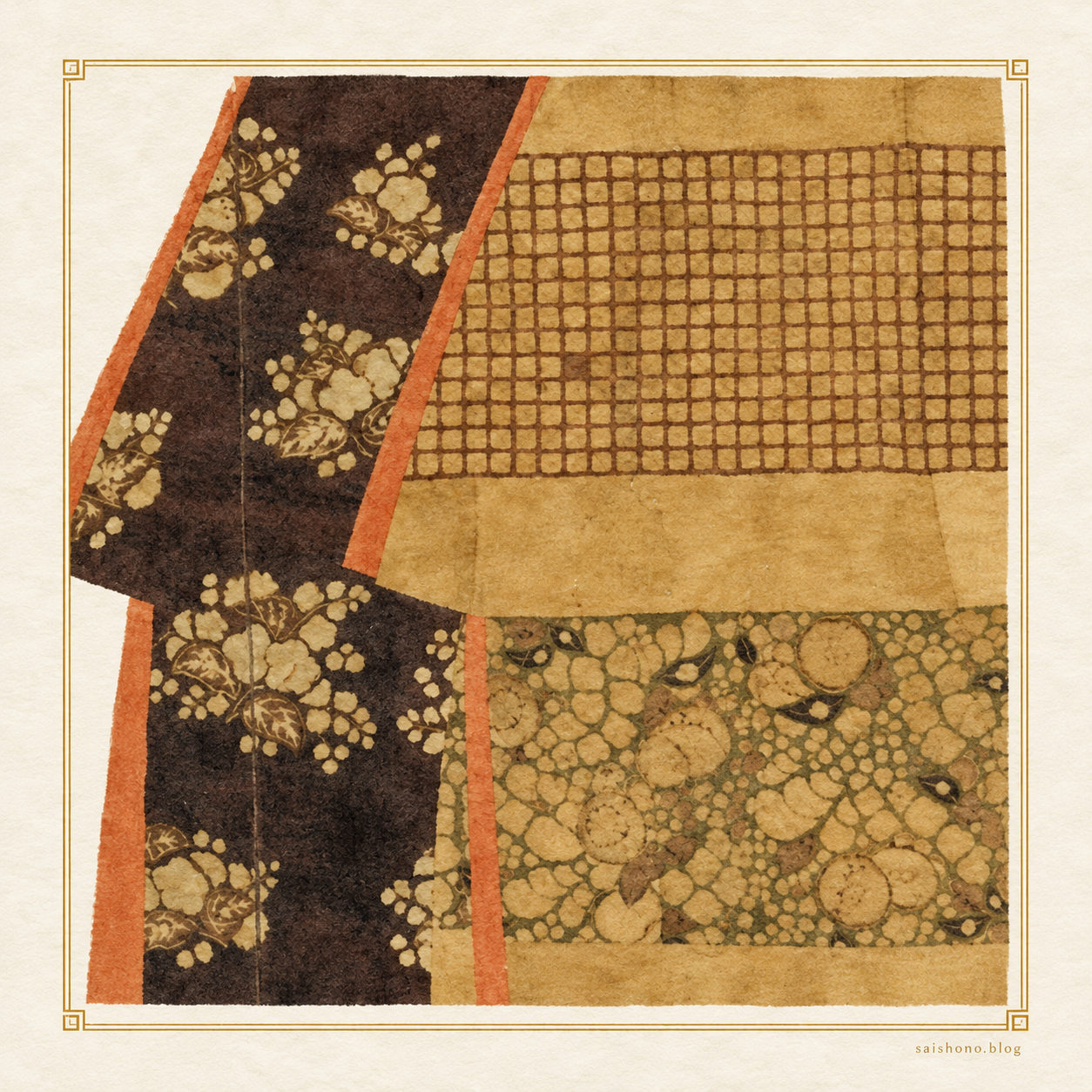 濃い紫褐色と淡い黄褐色の裂に、草花と細かな格子を配した辻が花染めの小袖の意匠