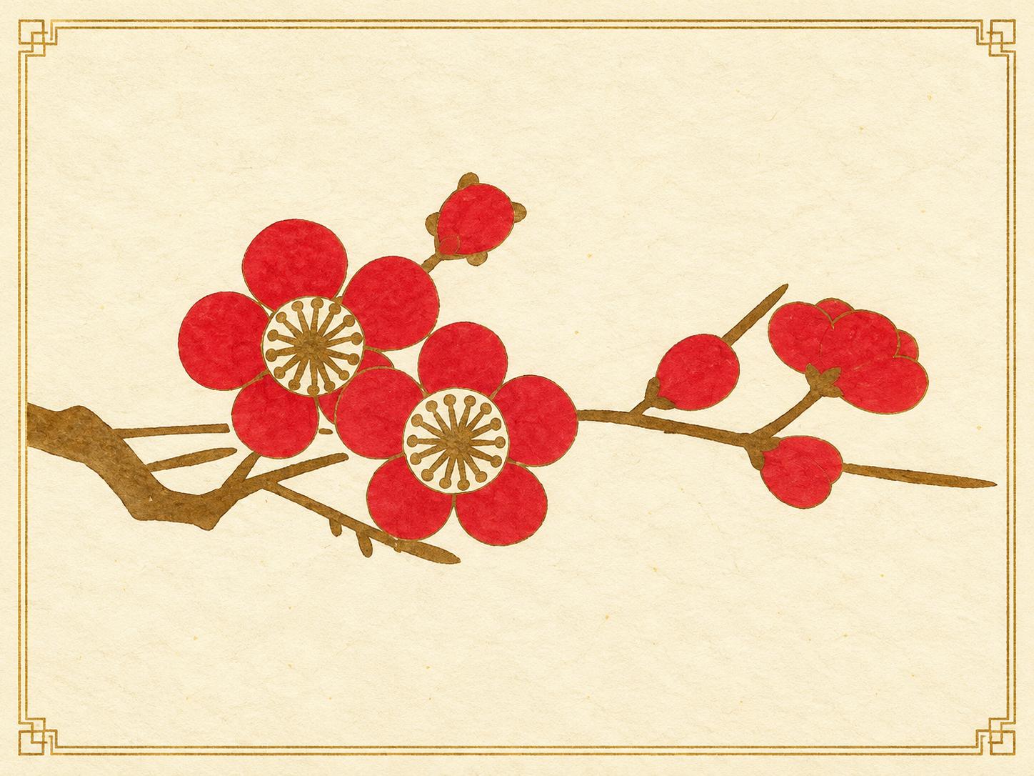 生成りの図案帖に、朱色の梅花とつぼみを付けた枝を配した梅文